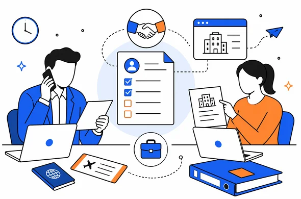Flat vector illustration of business traveler coordinating invitation document with host company details, faceless abstract characters, organized workflow, clean modern tech feel, minimal background, Aid-Air palette