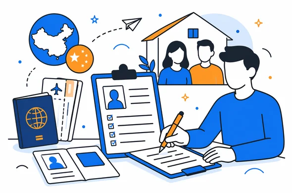 Flat semi-flat vector illustration of organized travel documents and private accommodation details for a China visa application, clean modern tech feel, faceless abstract characters, calm organized atmosphere, minimal background, Aid-Air palette.