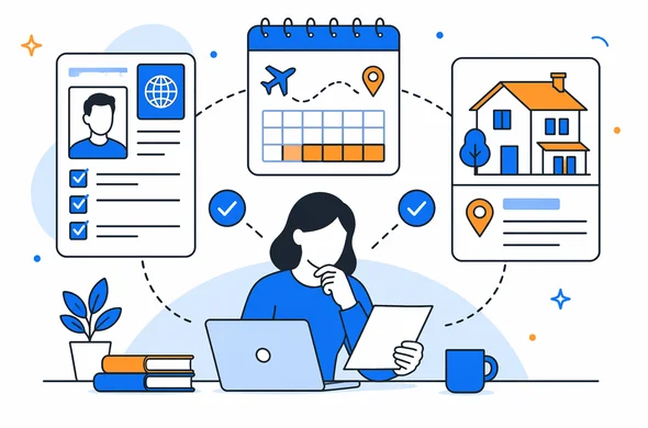 Flat semi-flat vector illustration of matching a visa form, travel dates, and host address, clean modern tech feel, faceless abstract characters, calm organized atmosphere, minimal background, Aid-Air palette.