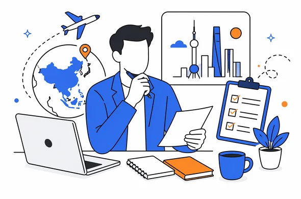 Flat semi-flat vector illustration, clean modern tech style, faceless abstract professional planning a first business scouting trip to China, calm organized desk, minimal background, Aid-Air palette