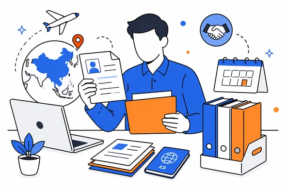 Flat semi-flat vector illustration, modern tech feel, abstract faceless person organizing business travel documents for an exploratory trip to China, calm organized atmosphere, minimal background, Aid-Air palette