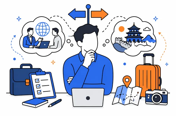Flat semi-flat vector illustration, clean modern tech style, abstract faceless traveler comparing business and tourism trip planning for China, calm organized visual, minimal background, Aid-Air palette