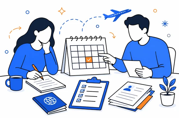 Flat semi-flat vector illustration of early China visa planning with calendar, travel documents and checklist on desk, faceless abstract characters, calm organized atmosphere, minimal background, Aid-Air palette