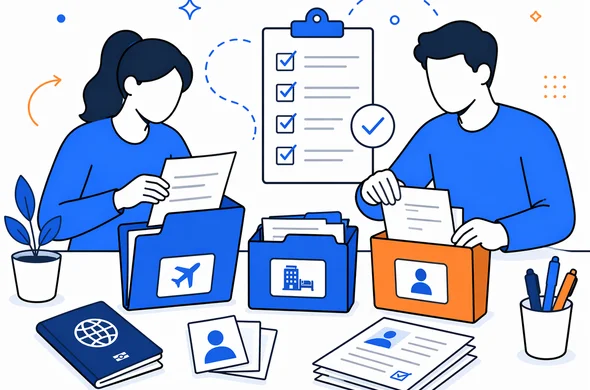 Flat semi-flat vector illustration of organizing China visa documents into folders with checklist and labels, faceless abstract characters, clean modern tech feel, calm organized atmosphere, minimal background, Aid-Air palette