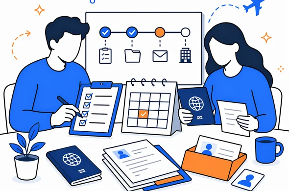 Flat semi-flat vector illustration of calm visa submission preparation with passport, checklist and timeline board, faceless abstract characters, clean modern tech feel, minimal background, Aid-Air palette