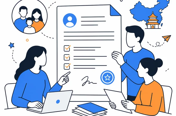 Flat semi-flat vector illustration, clean modern tech feel, faceless abstract characters reviewing a family visit invitation letter for a China visa, calm organized atmosphere, minimal background, Aid-Air palette