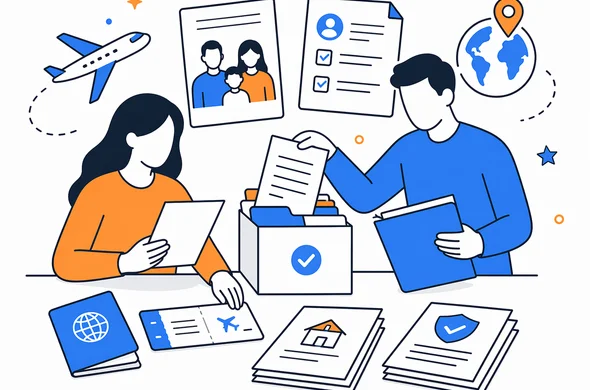 Flat semi-flat vector illustration, clean modern tech feel, faceless abstract characters organizing supporting documents, travel papers and invitation letter for a family visit visa to China, calm organized atmosphere, minimal background, Aid-Air palette